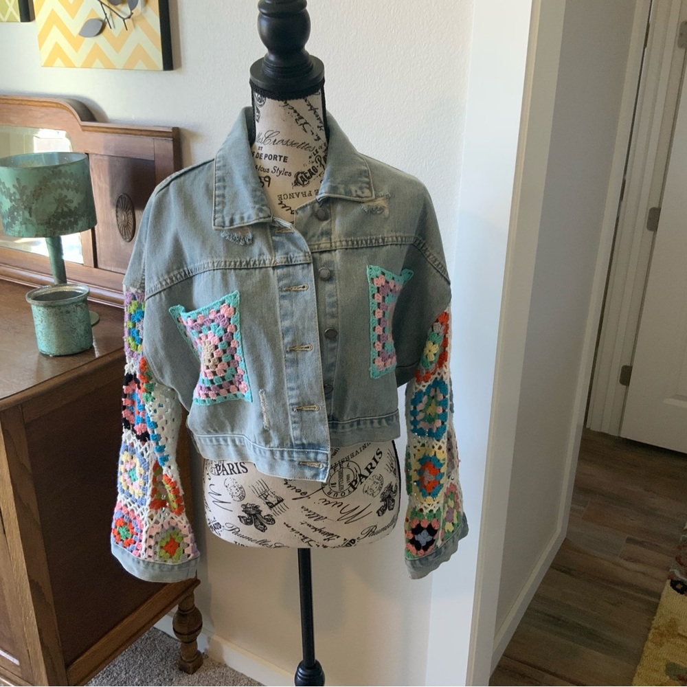 Colorful Crochet Sleeve Jean Jacket